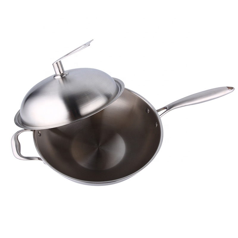 wok din oțel inoxidabil cu capac și mâner lung